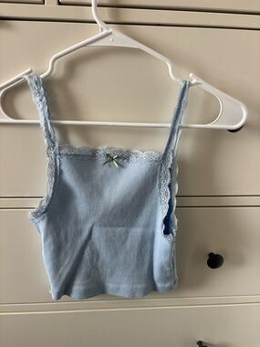 BDG Light Blue Lace-Trim Ribbed Crop Tank